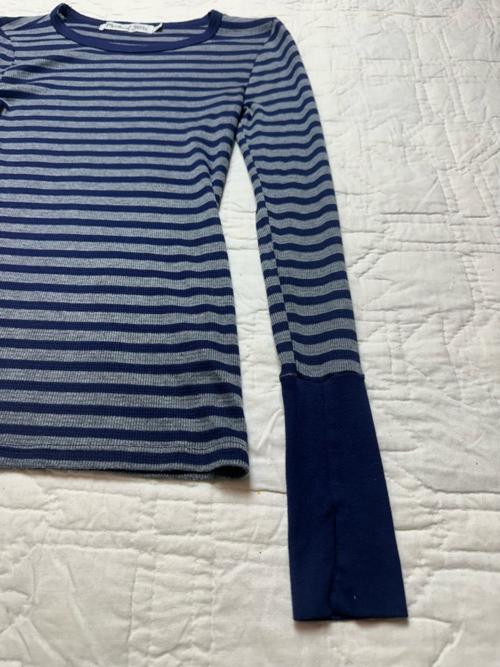 Y2K Michael Stars Stripe Knit Tee | Navy Gray Fitted Minimalist Long Sleeve - Picture 5 of 11
